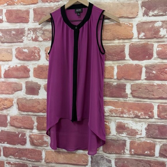Nicole Miller Top Womens Small Purple Pink Black High Low Sleeveless Sheer Shirt - Picture 3 of 8